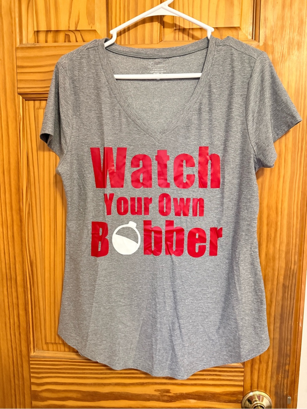 NOBO Gray V-Neck Tee with Red 'Watch Your Own Bobber' Graphic
